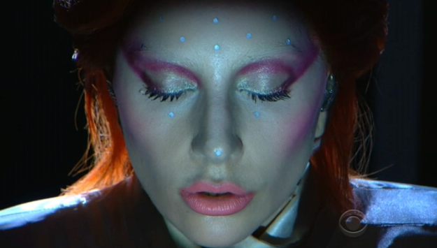 Tonight at the 58th Grammy Awards, Lady Gaga paid tribute to the recently deceased David Bowie by performing a six and a half minute medley of some of his most famous songs.