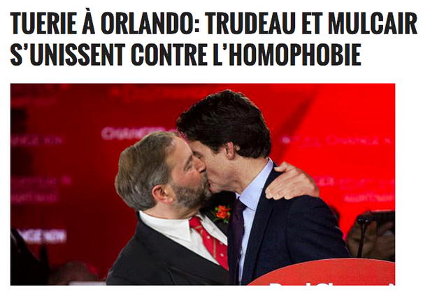 People around the world are being fooled by a satirical article claiming Canadian Prime Minister Justin Trudeau kissed a fellow male politician to support LGBT people after the Orlando shootings.