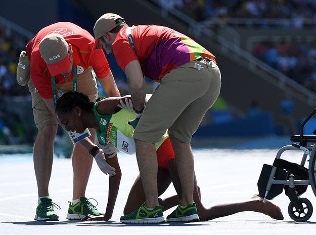 She was in first place, but about halfway through the course, Diro got stuck in a tangle with some of the other athletes, fell down, and broke some spikes on her right track shoe.