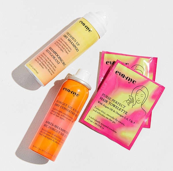 Kit includes TSA friendly versions of Eva NYC's Freshen Up dry shampoo, Forget Me Knot dry conditioner, and two Purse Perfect hair towelettes.Get it from Urban Outfitters for $9.99. Order by 12/20 to recieve by Christmas.