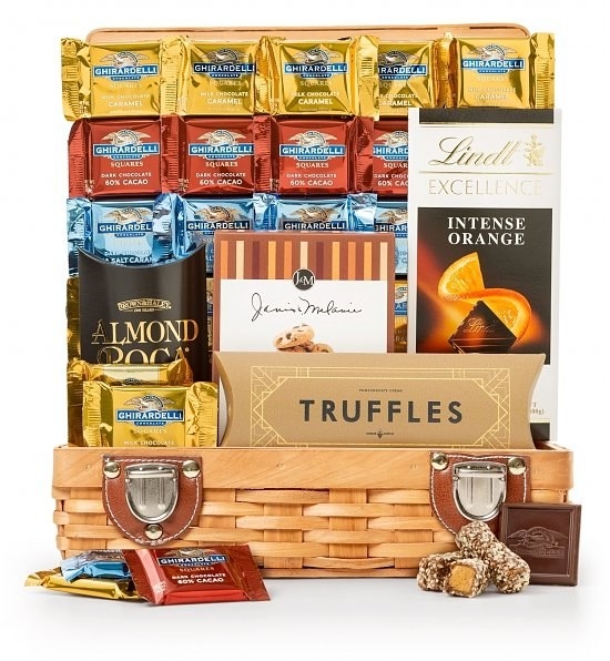 To get down to the sweet specifics, this basket includes:–Ghirardelli Dark Chocolate Squares–Ghirardelli Milk Chocolate with Caramel Squares–Ghirardelli Dark Sea Salt & Caramel Squares–Seattle Chocolate Pomegranate Truffles–Chocolate Chip Cookies–Lindt Dark Chocolate Orange Bar–Almond RocaGet it from GiftTree for $39.95.Check out "21 Of The Best Places To Order Gift Baskets Online" for more gift ideas!