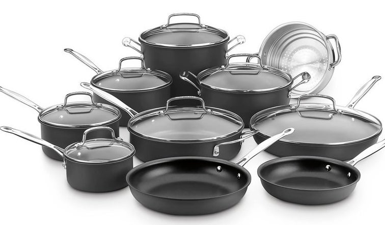 The set includes an eight- and ten-inch skillet,12-inch covered skillet, three and a half quart covered sauté pan with helper handle, one-quart, two-quart and 3-quart covered saucepans, 4-quart covered dutch oven, multi-steamer insert, and 8-quart covered stockpot.Price: $186.28 (originally $670)