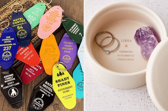 to the left: a bunch of different pop culture themed motel keychains, to the right: a ring dish with a description of libra in it