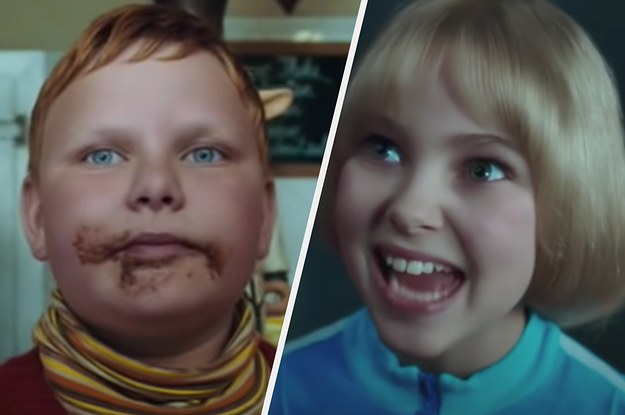 Augustus Gloop is on the left with chocolate on his face and Violet on the right chewing gum