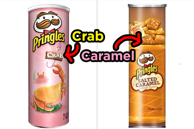 a can of crab pringles next to a can of caramel pringles
