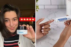 On the left, BuzzFeed Editor Rachel Dunkel holds bottle of Belif Aqua Bomb. On the right, hand squeezes tube of Differin Gel onto finger