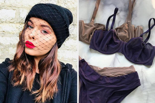 on left model wearing veiled beanie and on right balconette bras