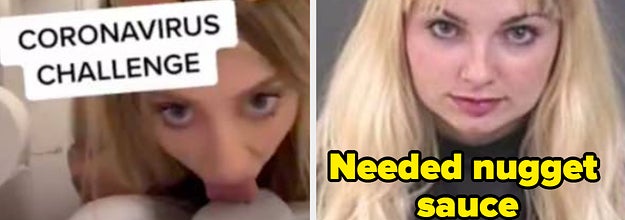 a girl licking a toilet seat and the mugshot of someone who needed nugget sauce