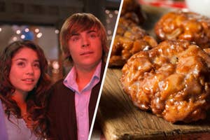 Troy and Gabriella from HSM are on the left looking up with Apple Fritters on the right
