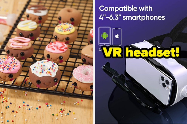 L: Mini clay donuts with smiling faces sitting on a cooling rack R: White iPhone in VR headset
