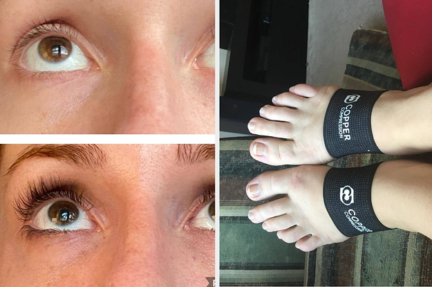 A reviewer's long eyelashes / feet with a band