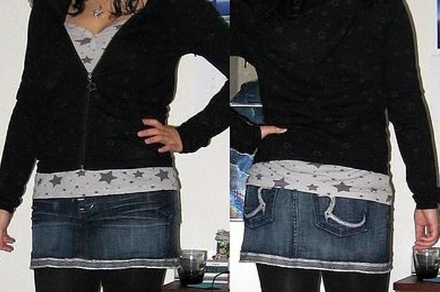 A girl wearing a denim skirt over leggings in the early 2000s