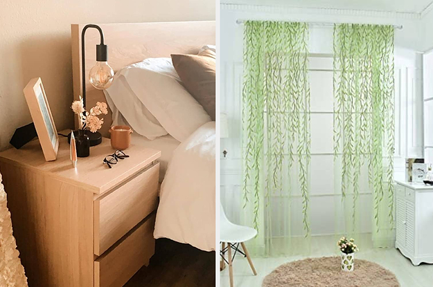 (left) Mid-century modern table lamp (right) Greenery drapes