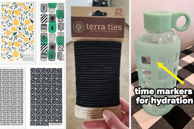Eco-friendly dishcloths, hair ties, and a glass water bottle