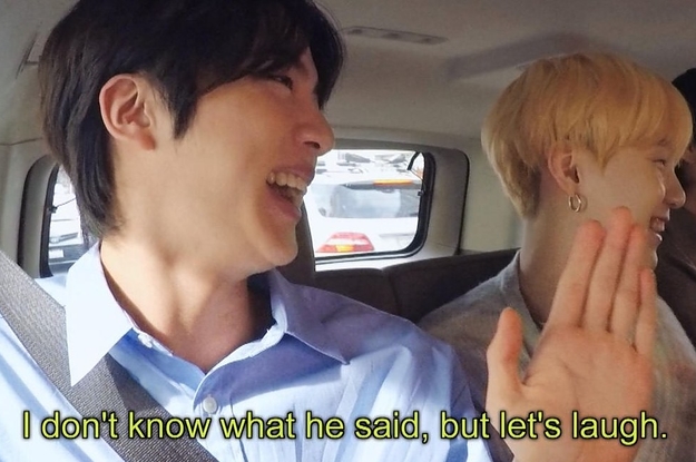 Jin, Suga, and V sit in the backseat of a car laughing, with the caption reading