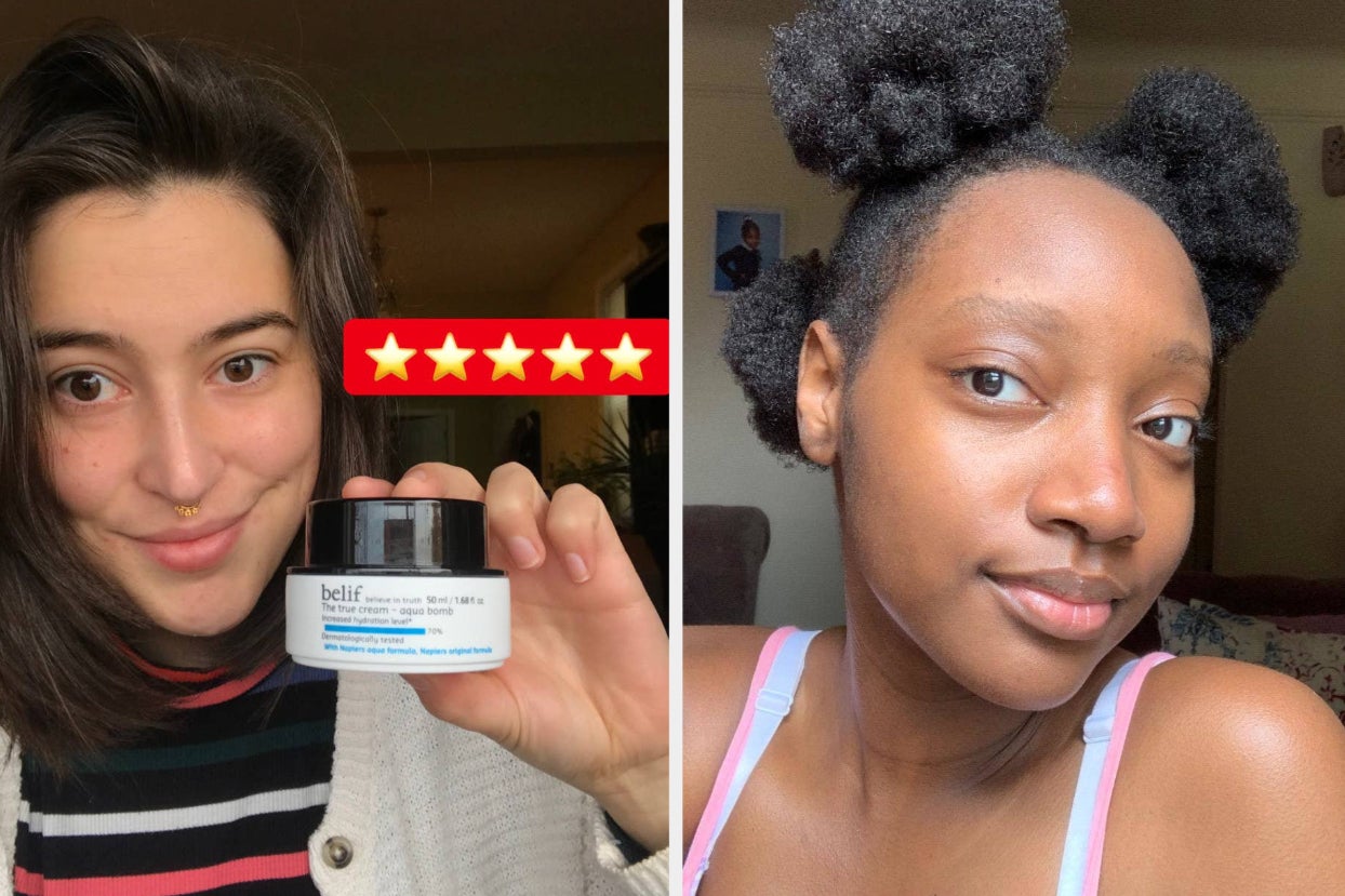 L: BuzzFeed writer holding jar of face cream with five stars on the image R: Reviewer showing off their beautiful, glowy, clear skin