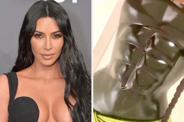 Kim Kardashian at a press event next to a close-up of the ab bodice