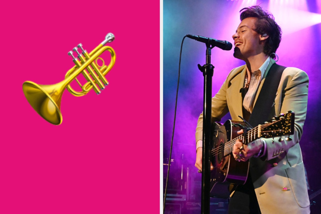 A sax emoji is on the left with Harry Styles on the right playing a guitar