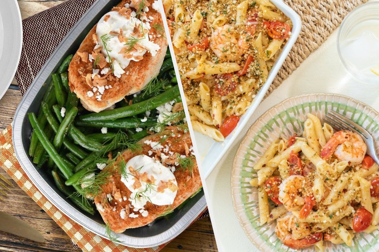 a green bean and chicken dish and a shrimp pasta dish