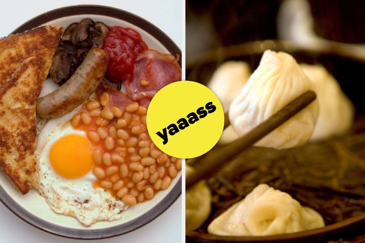 A full english breakfast is on the left with a Chinese dumpling on the right