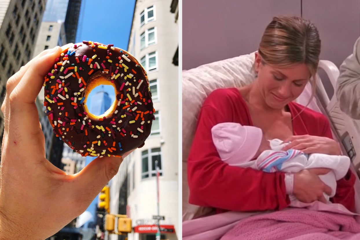 On the left, someone holding up a chocolate donut with sprinkles, and on the right, Rachel from