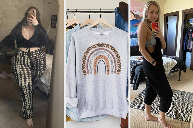 on left reviewer wearing high waisted tie dye pants in middle grey crewneck sweater with rainbow design and on right reviewer wearing black overalls