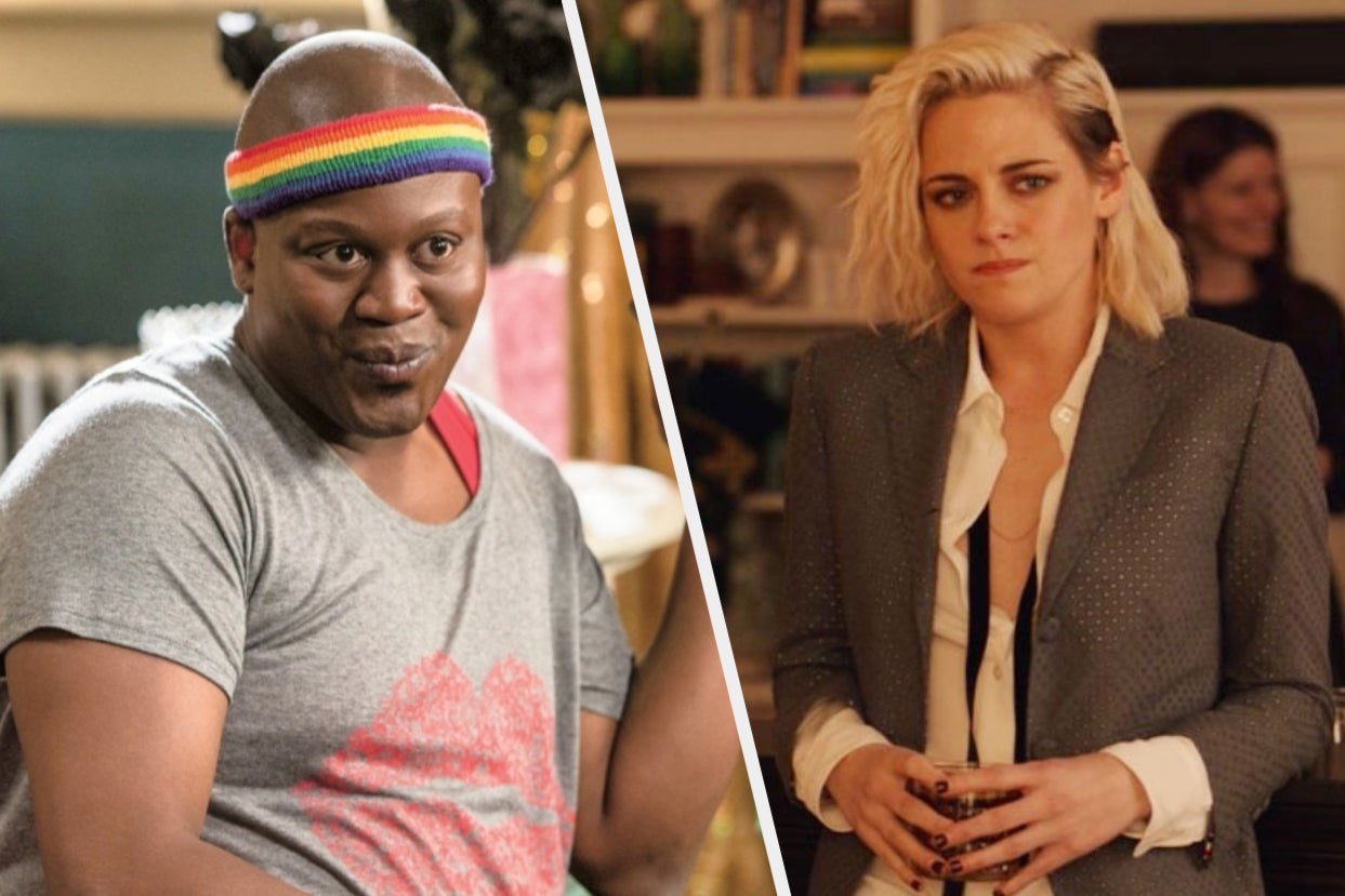Titus from Kimmy Schmidt wearing a rainbow pride headband beside Kristen Stewart in a dapper suit