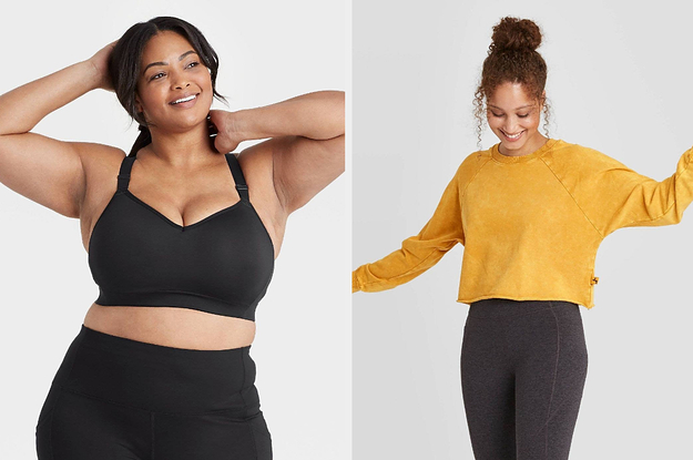 on left model wearing black sports bra and on right model wearing yellow crewneck sweater