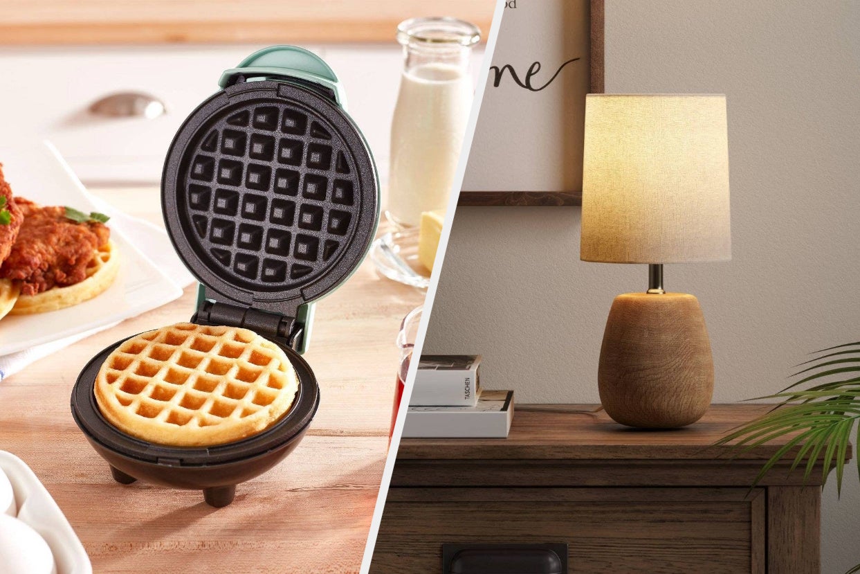 to the left: a mini waffle maker, to the right: a lamp