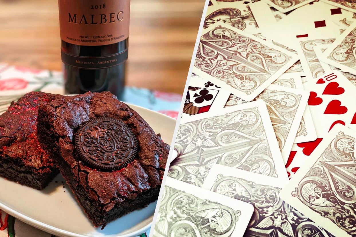 Brownies and a deck of cards on a table