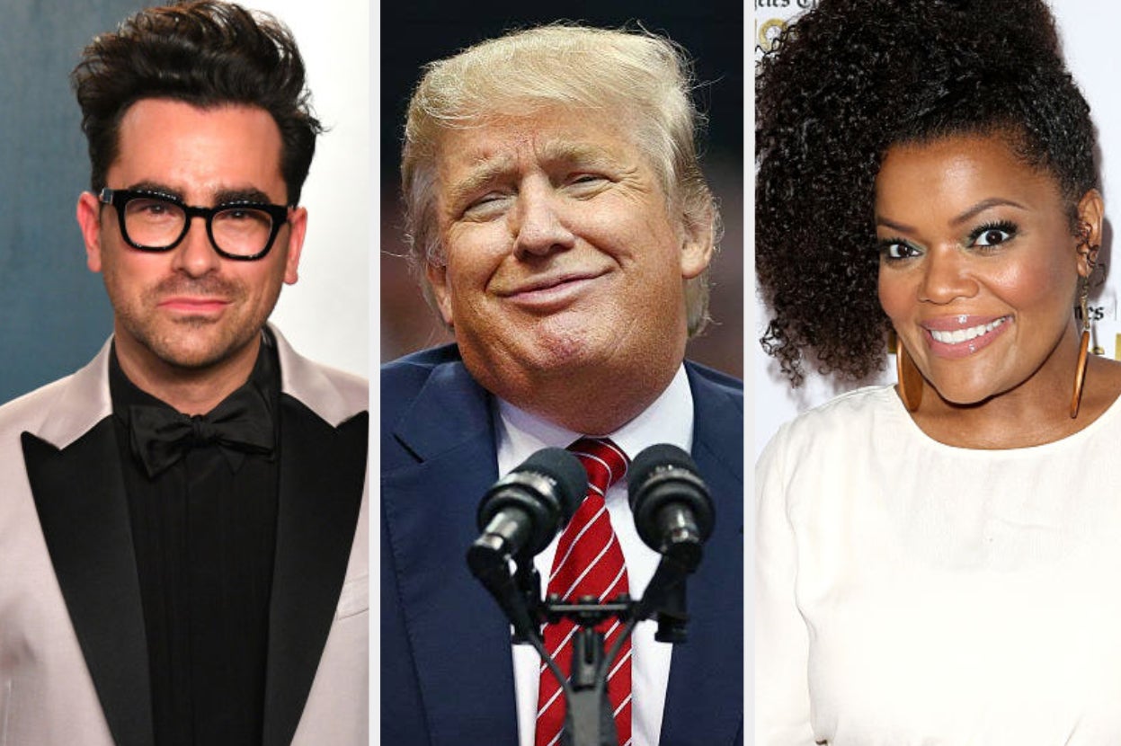 Dan Levy and Yvette Nicole Brown at press events, next to an image of Donald Trump