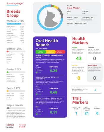 Summary page of a pet's genetic report shows breed percentages, oral health report, health markers, and trait markers with risk scores and graph