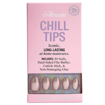 Chillhouse Chill Tips box displaying long-lasting at-home manicure kit, including 30 nails, dual-sided file/buffer, cuticle stick, and glue