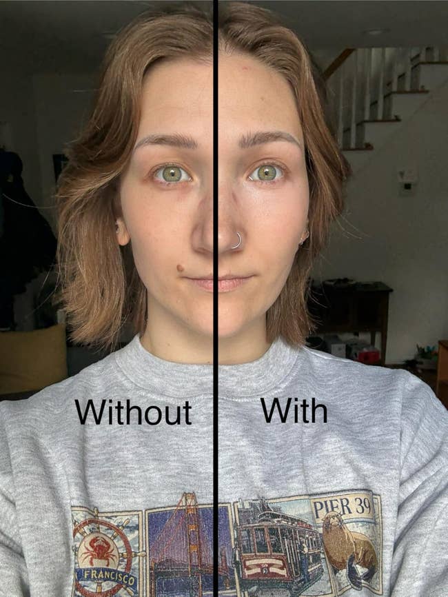 Close-up of a person showing the effects of wearing makeup on one side of their face and without on the other, highlighting differences