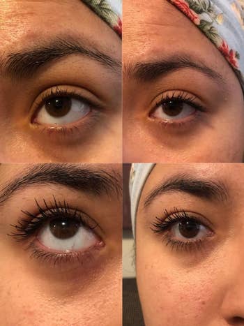 Four close-up images of an eye with mascara applied, showing before and after effects of the product