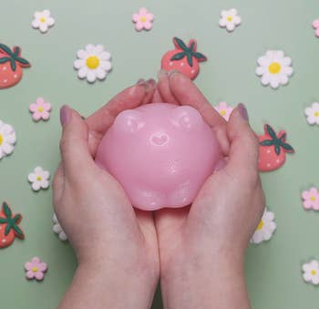 Hands holding a smiling pink squishy toy frog surrounded by decorative flowers and strawberries