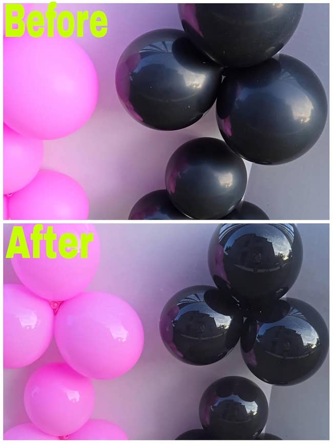 Top image shows pink and black balloons; bottom image shows the same balloons with improved glossiness