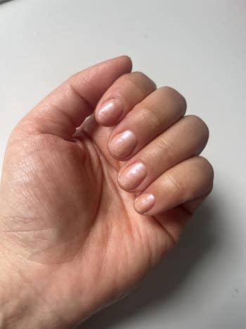 Person's hand showing manicured nails with a natural, glossy finish
