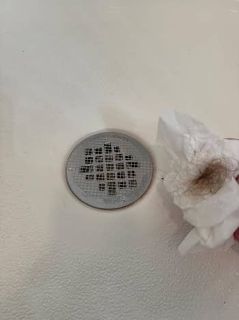 Bathroom drain with collected hair on a tissue