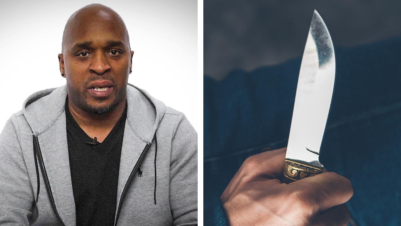 A split screen of a man talking and a hand holding a knife