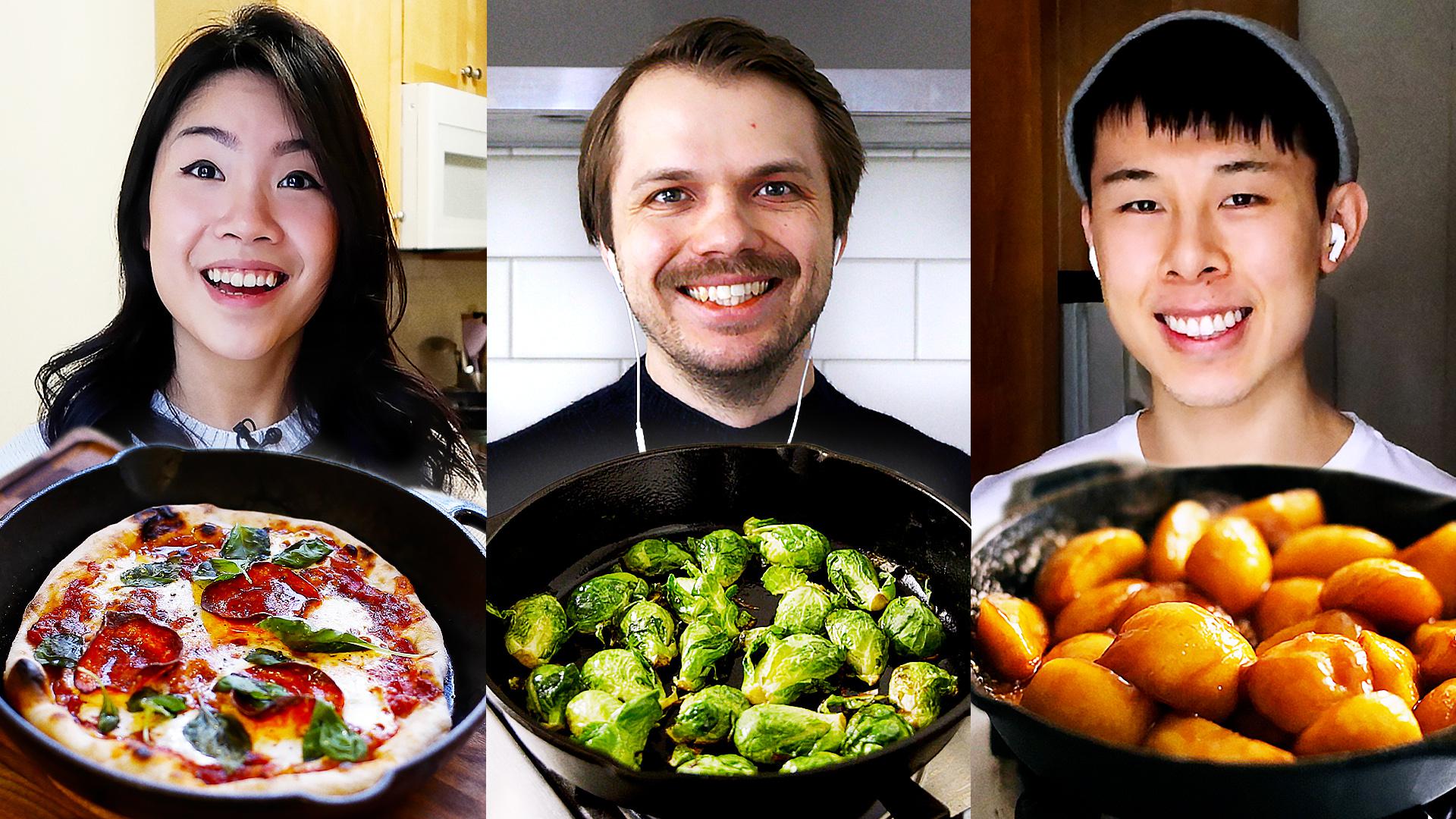 Inga, Andrew, and Alvin with dishes they made in cast iron pans.