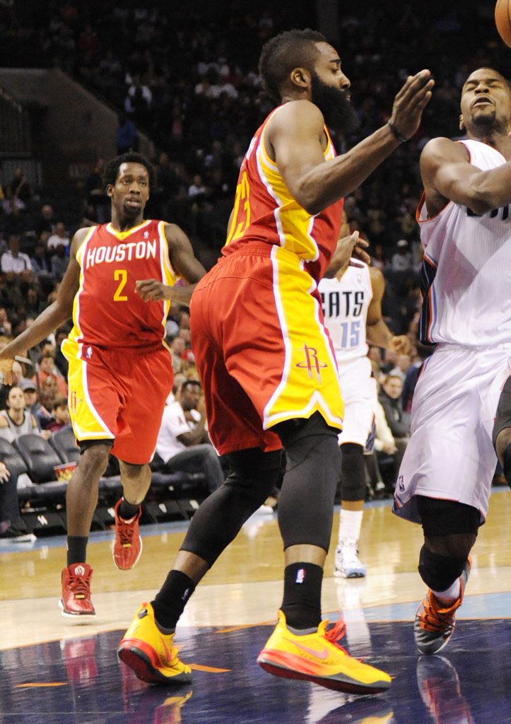 James Harden wearing the Nike Zoom Crusader in Yellow/Red-Black