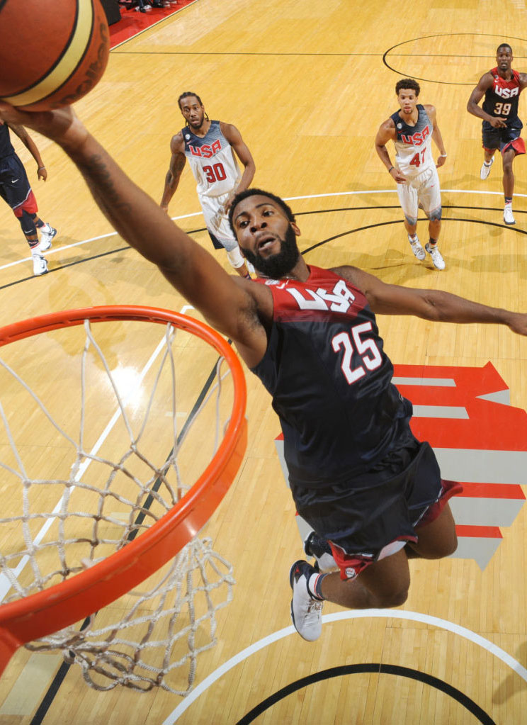Andre Drummond wearing the &#x27;USA&#x27; Jordan Super.Fly 4