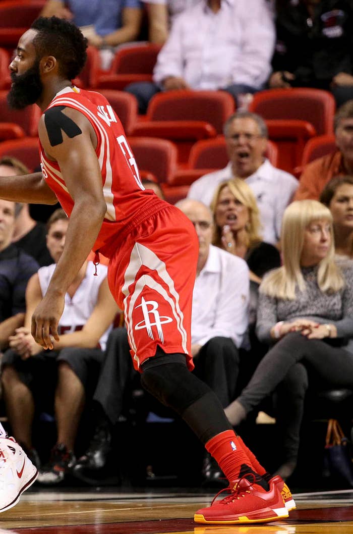 James Harden wearing a Red/Yellow Rocket adidas Crazylight Boost 2015 PE (1)