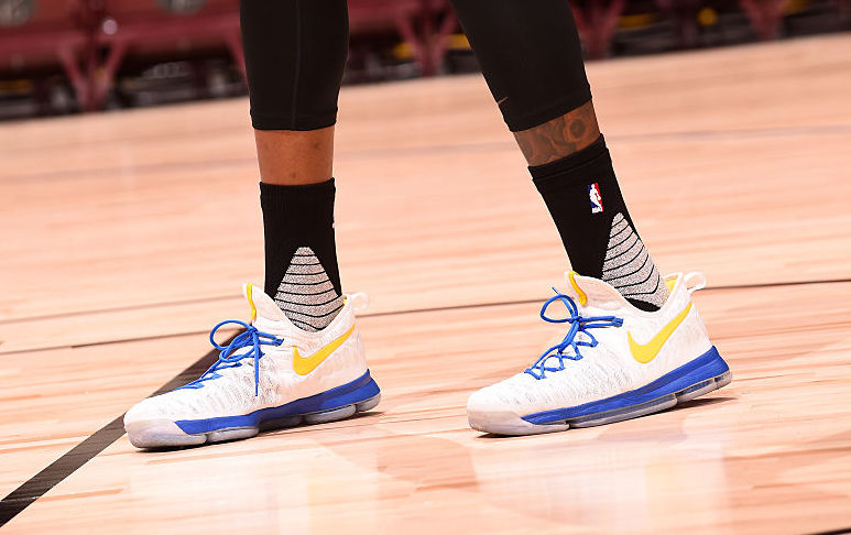 Kevin Durant Wearing a Warriors Home Nike KD 9 On-Foot