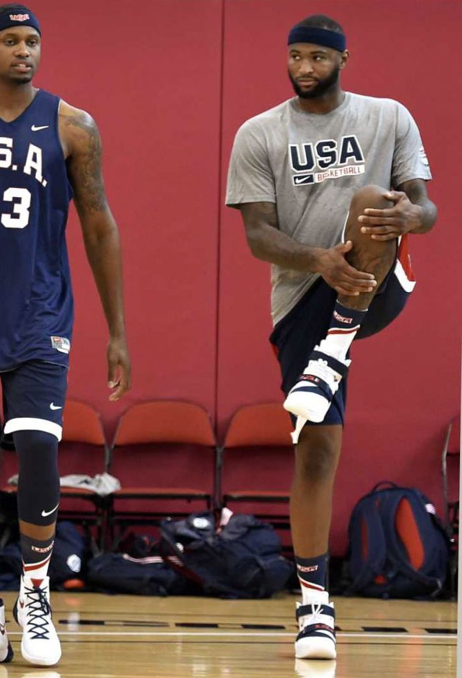 DeMarcus Cousins wearing the &#x27;USA&#x27; Nike Soldier 9