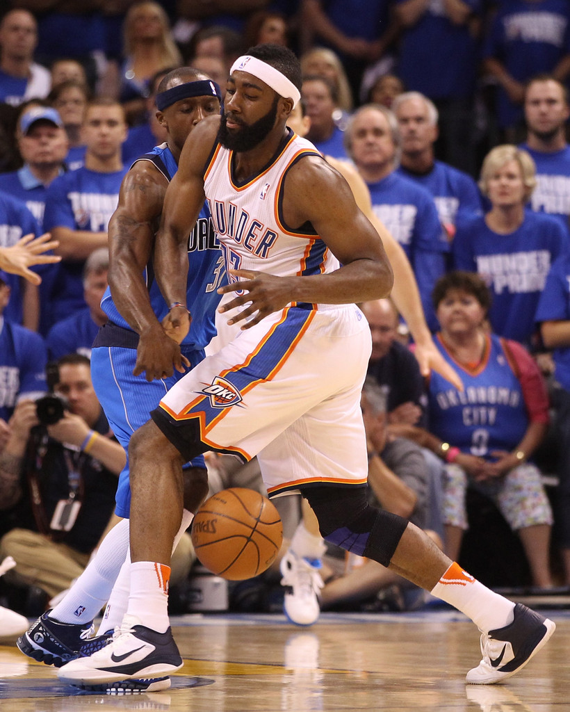 James Harden wearing the Nike Hyperfuse in White/Navy