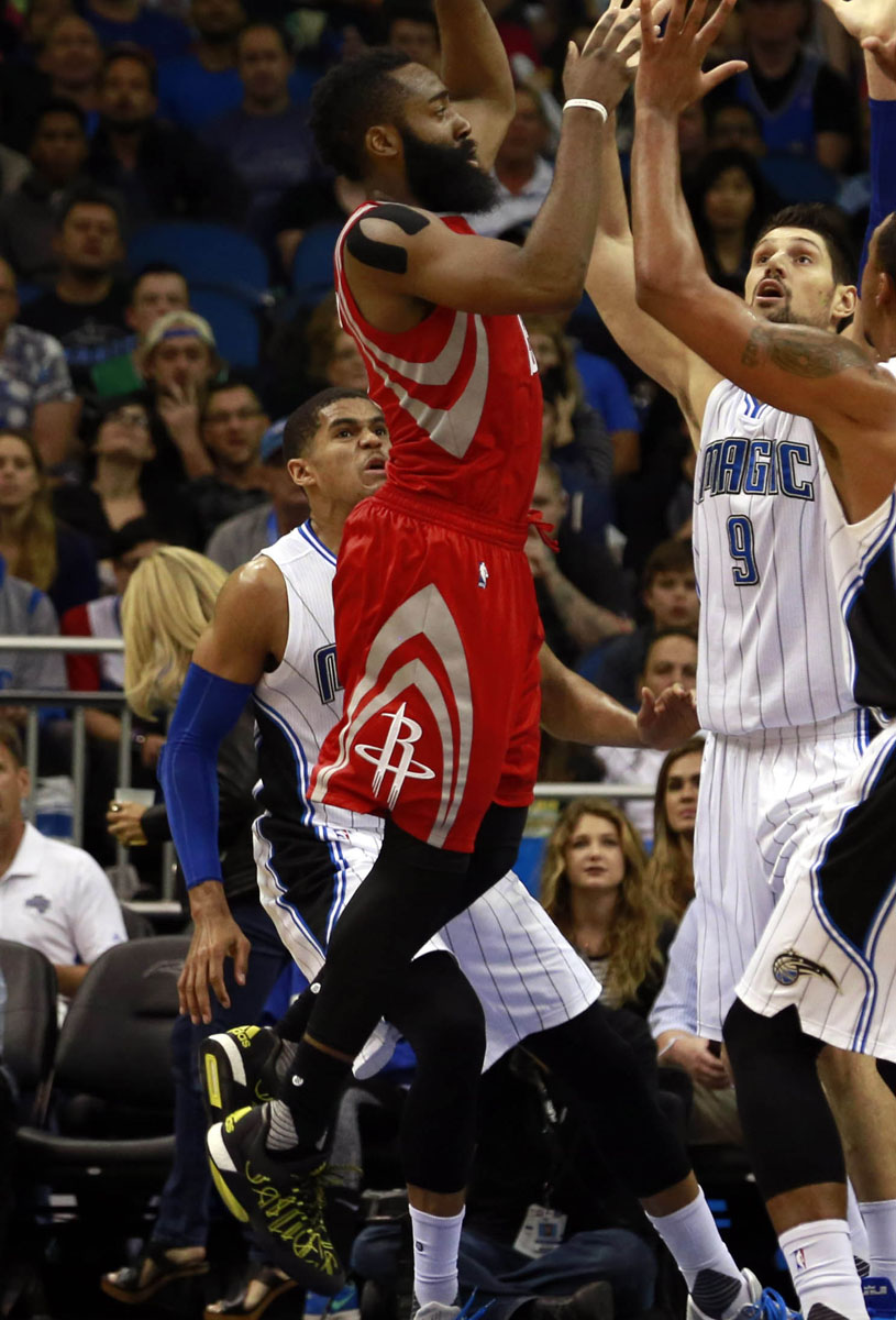 James Harden wearing a Black/Yellow adidas Crazylight Boost 2015 Signature PE (3)