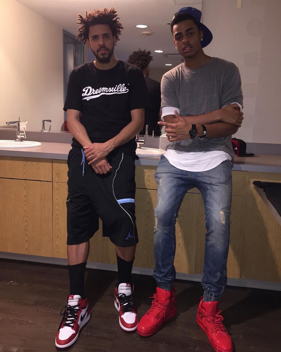 J. Cole wearing the &#x27;Chicago&#x27; Air Jordan 1 &amp; D&#x27;Angelo Russell wearing the &#x27;Red&#x27; Air Jordan 11Lab4