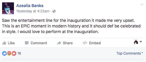 Azealia Banks on Trump Inauguration Entertainment Lineup